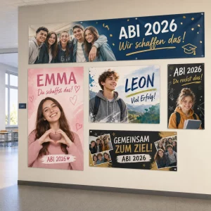Individuelle ABI-Plakate in verschiedenen Größen an einer Schulwand in Neu-Isenburg